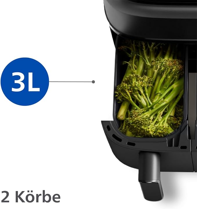 Dual Basket Heißluftfritteuse 9L, 2 Körbe für gleichzeitiges Kochen, RapidAir Technologie, bis zu 90% weniger Fett, energieeffizient, mit App-Steuerung (NA350/00)