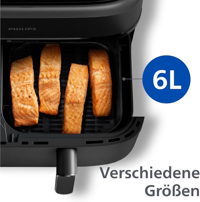 Dual Basket Heißluftfritteuse 9L, 2 Körbe für gleichzeitiges Kochen, RapidAir Technologie, bis zu 90% weniger Fett, energieeffizient, mit App-Steuerung (NA350/00)