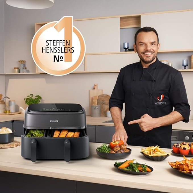 Dual Basket Heißluftfritteuse 9L, 2 Körbe für gleichzeitiges Kochen, RapidAir Technologie, bis zu 90% weniger Fett, energieeffizient, mit App-Steuerung (NA350/00)
