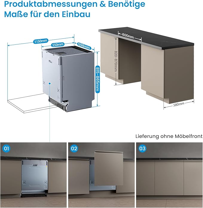 Vollintegrierter Geschirrspüler 60 cm, 14 Maßgedecke, Unterbaufähig mit WLAN, 8 Programme, 44 dB leise, Automatische Türöffnung, 0–24 h Startzeitvorwahl, Inox