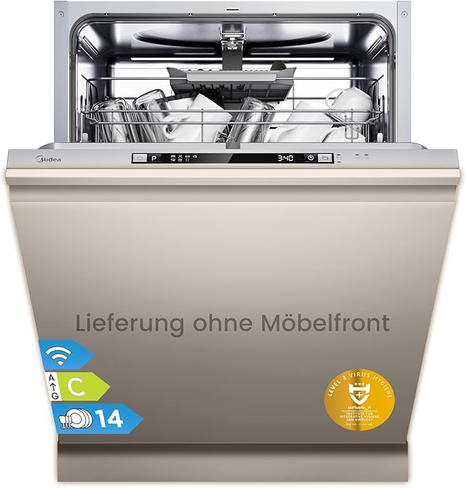 Vollintegrierter Geschirrspüler 60 cm, 14 Maßgedecke, Unterbaufähig mit WLAN, 8 Programme, 44 dB leise, Automatische Türöffnung, 0–24 h Startzeitvorwahl, Inox