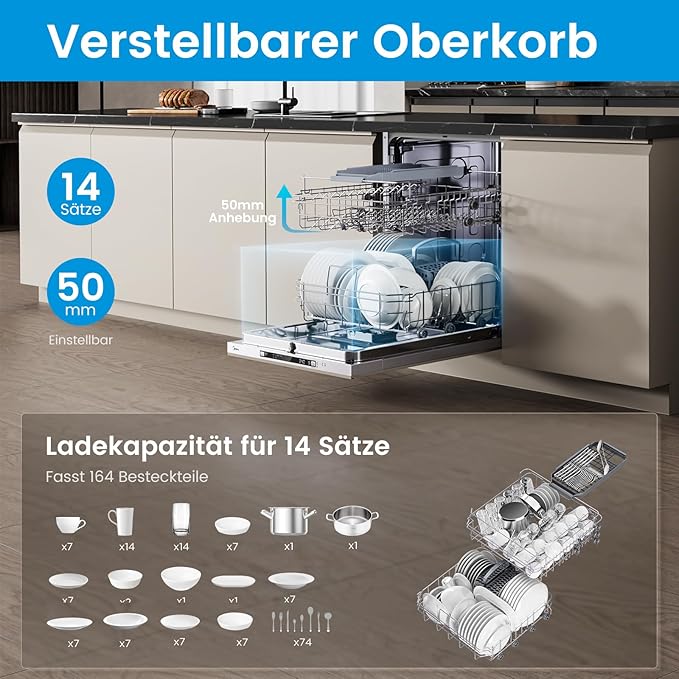Vollintegrierter Geschirrspüler 60 cm, 14 Maßgedecke, Unterbaufähig mit WLAN, 8 Programme, 44 dB leise, Automatische Türöffnung, 0–24 h Startzeitvorwahl, Inox