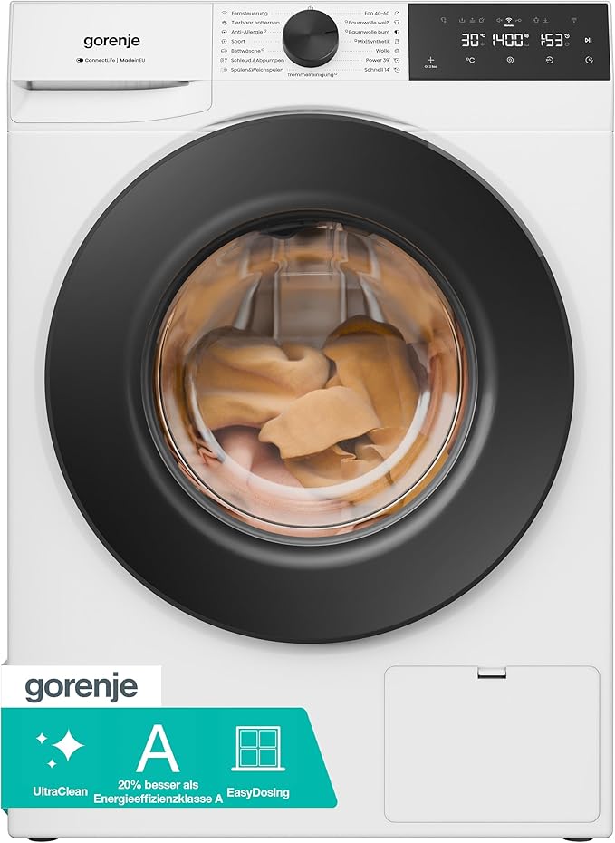 Gorenje WGAM4S74A Waschmaschine mit Dampffunktion /7 KG Slim/1400 U-min/ConnectLife /15 Programme/UltraClean/EasyDosing/SteamTech /20% besser als Energieeffizienzklasse A/Weiß