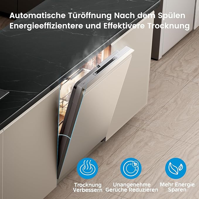 Vollintegrierter Geschirrspüler 60 cm, 14 Maßgedecke, Unterbaufähig mit WLAN, 8 Programme, 44 dB leise, Automatische Türöffnung, 0–24 h Startzeitvorwahl, Inox