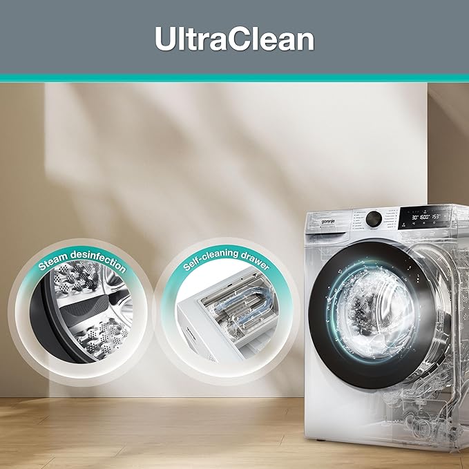 Gorenje WGAM4S74A Waschmaschine mit Dampffunktion /7 KG Slim/1400 U-min/ConnectLife /15 Programme/UltraClean/EasyDosing/SteamTech /20% besser als Energieeffizienzklasse A/Weiß